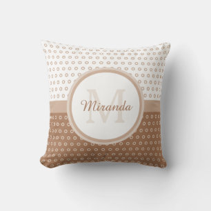 Mod Brown and White Polka Dots Monogram With Name Throw Pillow