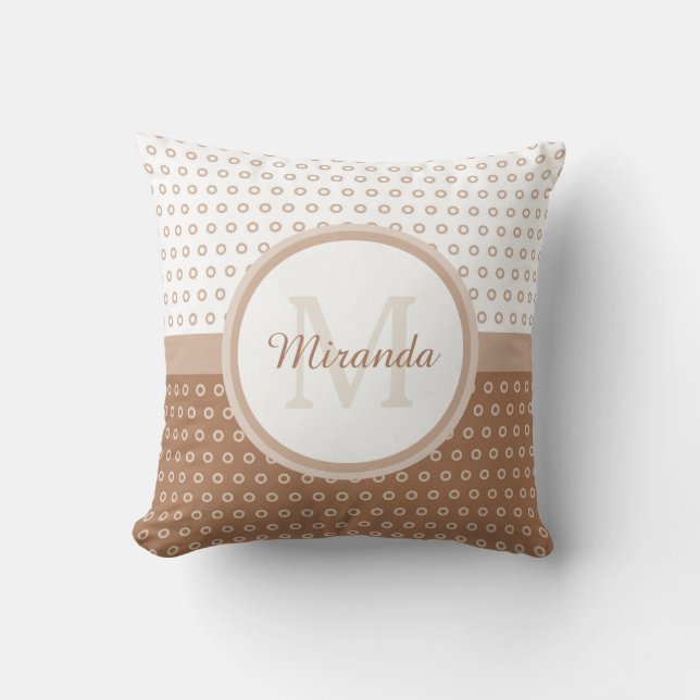 Mod Brown and White Polka Dots Monogram With Name Throw Pillow (Front)