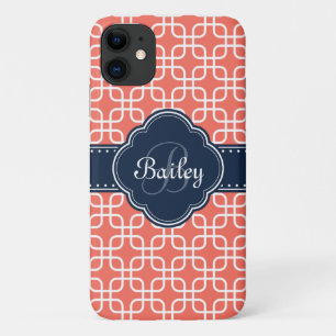Mod Coral Pattern Navy Quatrefoil Monogram iPhone 11 Case