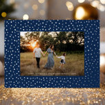 Mod Delicate Geometric Frame One Photo Navy Silver Foil Holiday Card<br><div class="desc">This elegant yet modern holiday photo card features a raised foil frame of small geometric shapes (squares,  triangles,  circles,  etc) over a deep navy blue background and one horizontal photo. On the back is the same navy blue colour with plenty of space to add another photo and/or text.</div>