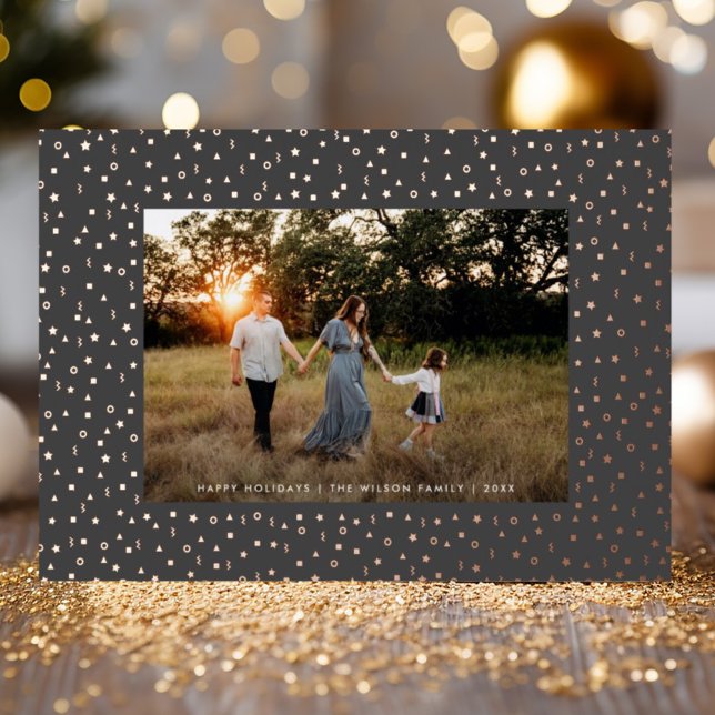 Mod Delicate Geometric Frame Photo Grey Rose Gold Foil Holiday Card (Creator Uploaded)