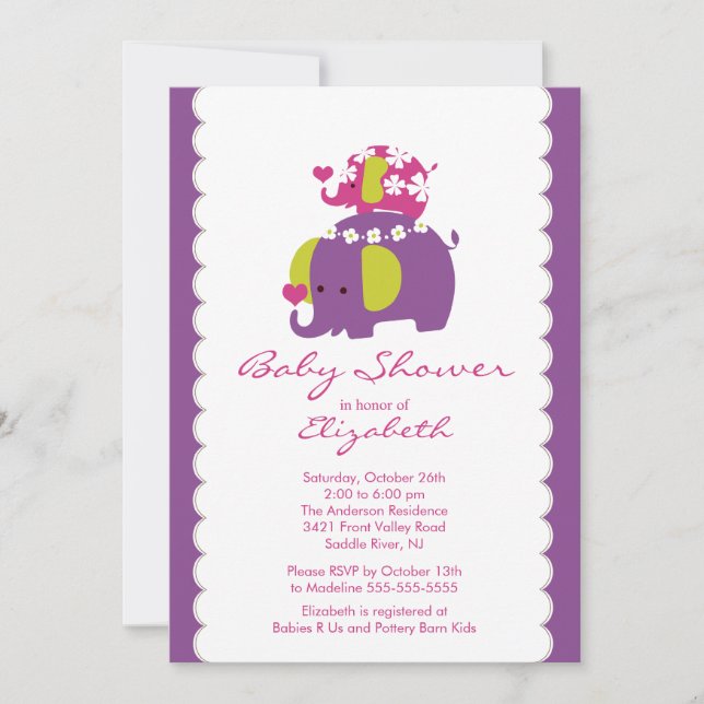 Mod Elephant Baby shower Invitation bébé et maman (Devant)