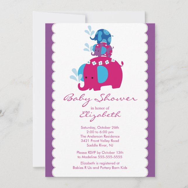 Mod Elephant Baby Shower Invitation Twins & Mom (Front)