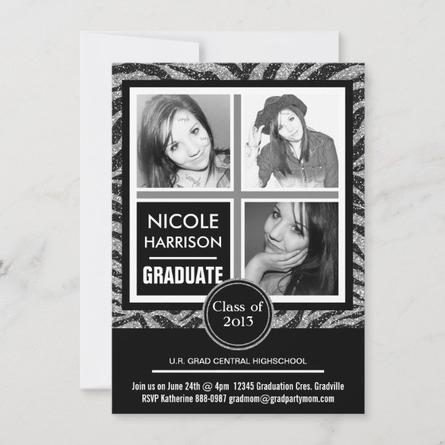 Mod Faux Silver Glitter Zebra 3 Photo Graduation Invitation (Front)