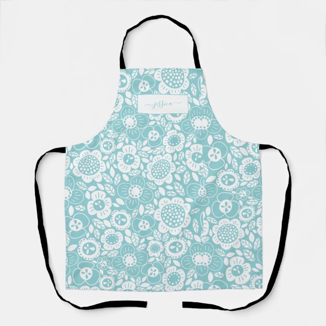 Mod Floral Patter with Script Name Apron (Front)