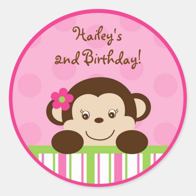 Mod Girl Monkey Cupcake Toppers Stickers (Front)