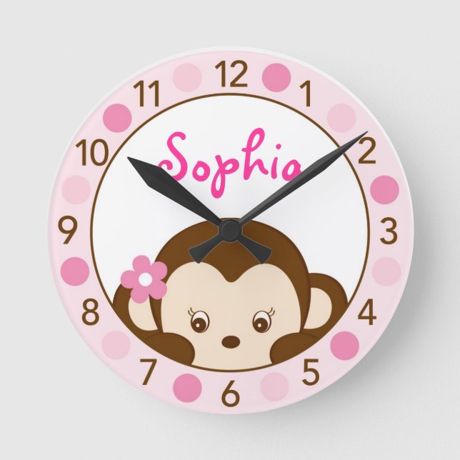 Mod Girl Monkey Personalized Nursery Wall Clock (Front)