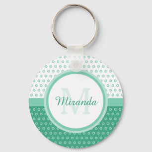 Mod Green and White Polka Dots Monogram With Name Keychain