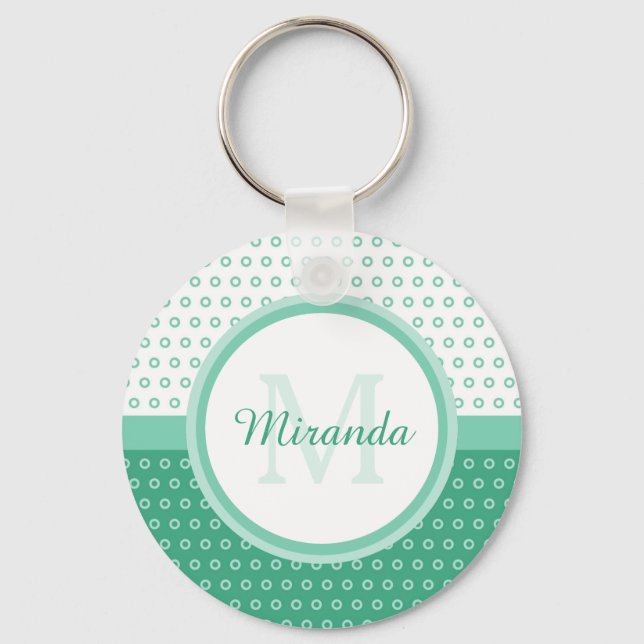 Mod Green and White Polka Dots Monogram With Name Keychain (Front)