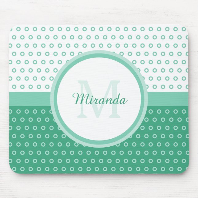 Mod Green and White Polka Dots Monogram With Name Mouse Pad (Front)