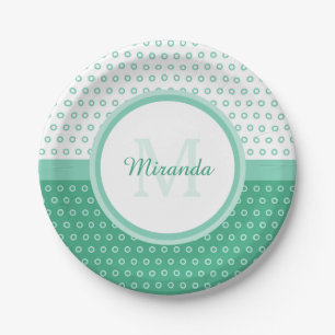 Mod Green and White Polka Dots Monogram With Name Paper Plate