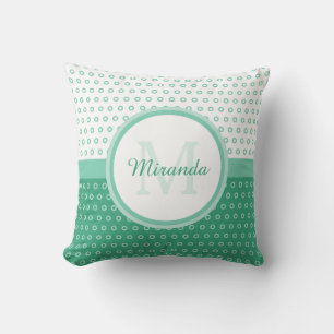 Mod Green and White Polka Dots Monogram With Name Throw Pillow
