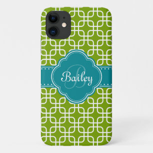 Mod Green Pattern Teal Quatrefoil Monogram iPhone 11 Case