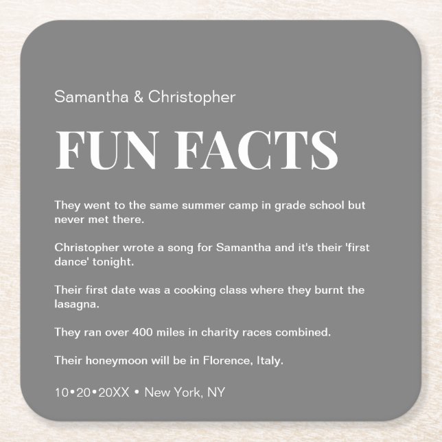 Mod Grey custom fun fact list Wedding  Square Paper Coaster (Front)