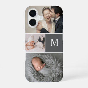 Mod Grey Custom Monogram Photo Collage iPhone 16 Case
