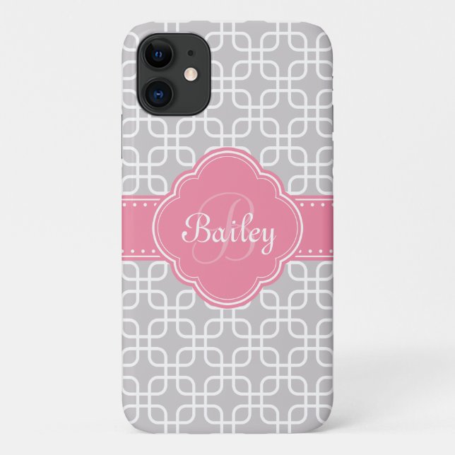 Mod Grey Pattern Pink Quatrefoil Monogram Case-Mate iPhone Case (Back)
