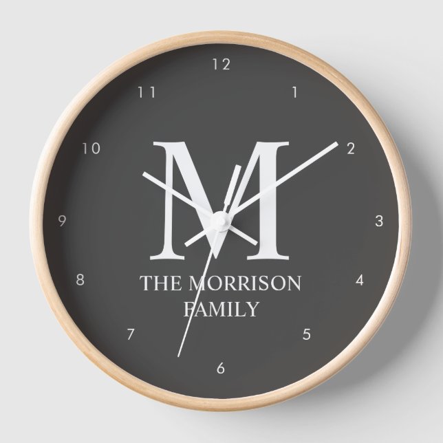 Mod Grey Personalized Family Monogram Clock (Front)