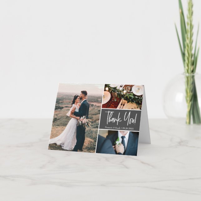 Mod Grey Wedding Custom Photos Handlettering Thank You Card (Front)