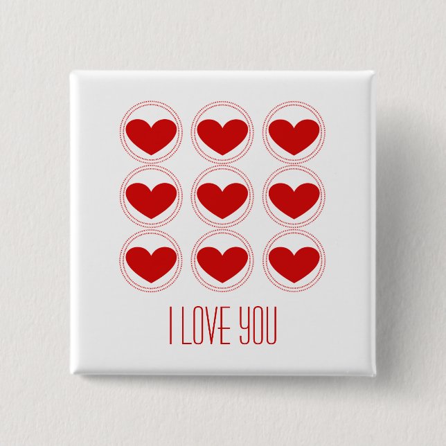 Mod Hearts Love Button, Red 2 Inch Square Button (Front)