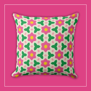 Mod Hot Pink Flowers with Green Geometric Floral Throw Pillow