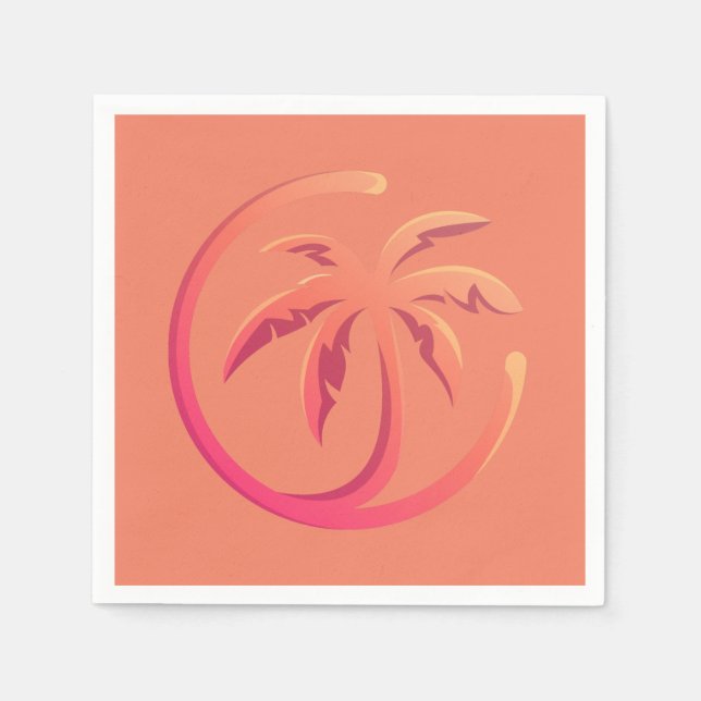 Mod Hot Pink Orange Palm Tree on Coral Napkin (Front)