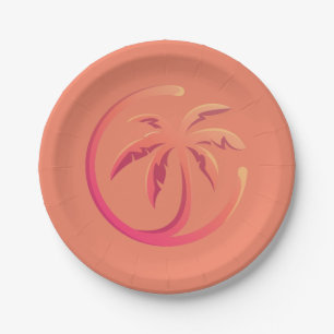 Mod Hot Pink Orange Palm Tree on Coral Paper Plate