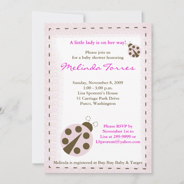 Mod Ladybug 5x7 Pink Baby Shower Invitation (Front)