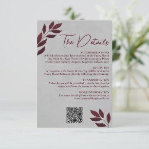 Mod Leaves Burgundy Grey Wedding Details QR Code Enclosure Card