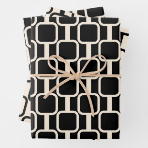 Mod Links Retro Modern Geometric Black and Cream Wrapping Paper Sheet