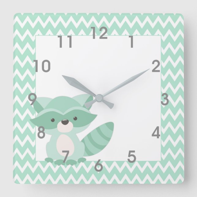 Mod Mint Chevron Raccoon Clock - nursery bedroom (Front)