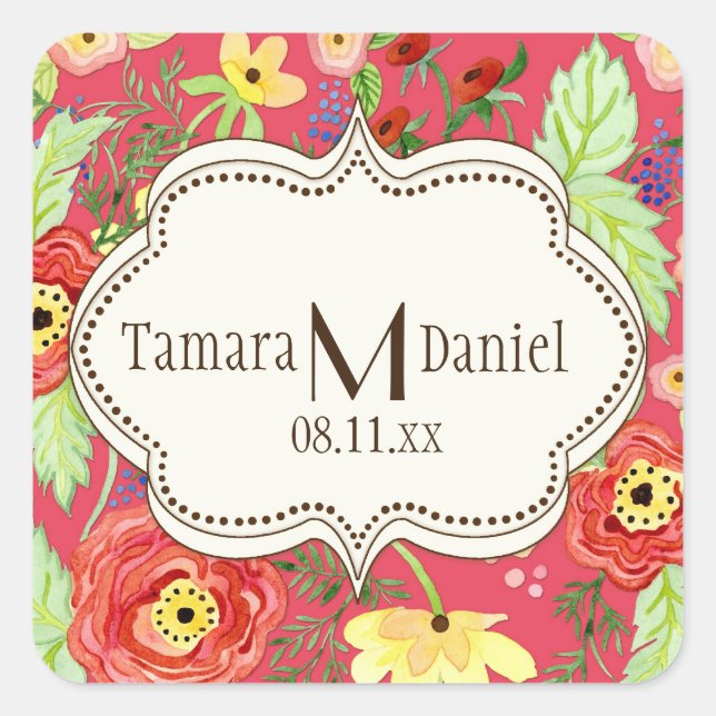 Mod Modern Floral Ranunculus Leaf Rose Bracket Square Sticker (Front)