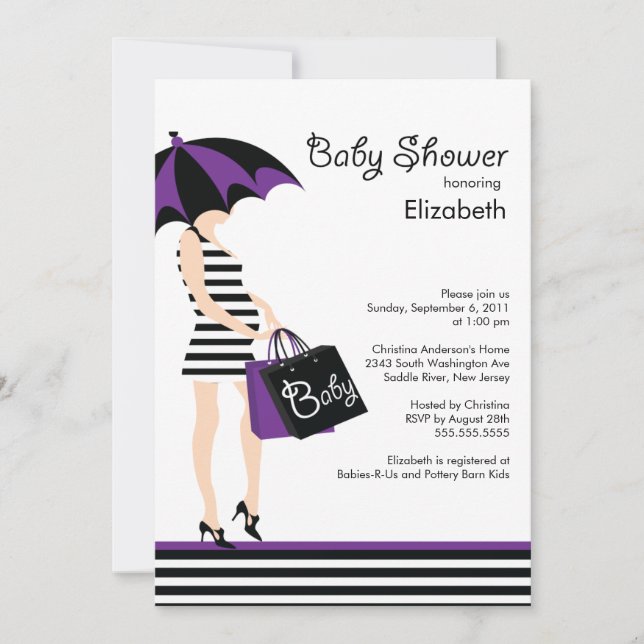 Mod Mom Baby Girl Shower Trendy Black & Purple Invitation (Front)
