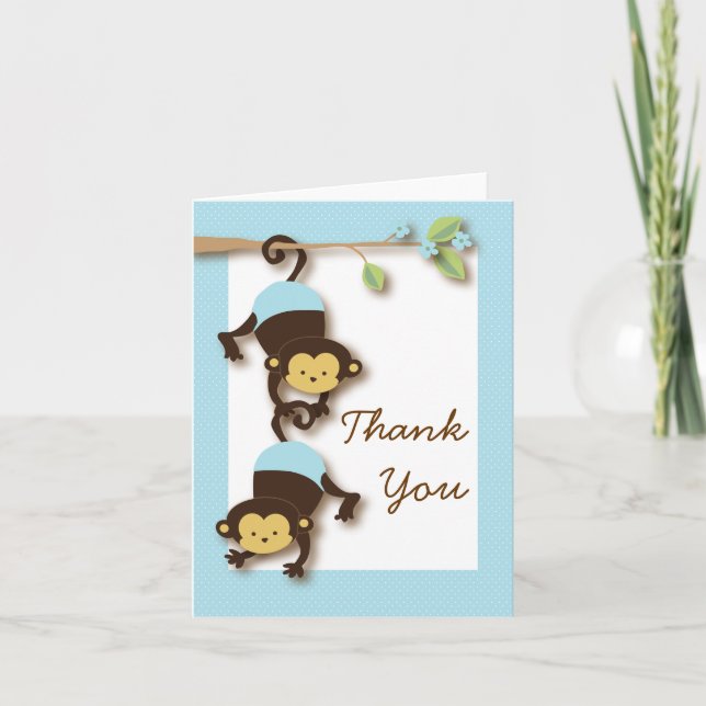 Mod Monkey Baby Boy Blue Thank You Card (Front)
