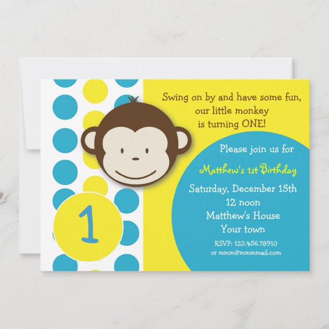 Mod Monkey Birthday Party Invitations Boy (Front)