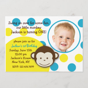 Mod Monkey Boy Photo Birthday Party Invitations