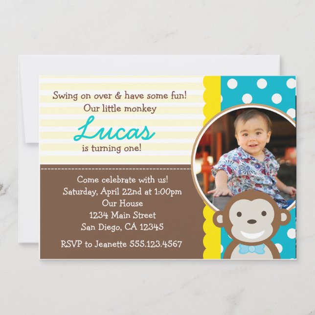 Mod Monkey Photo 1st Birthday Invitation (Front)