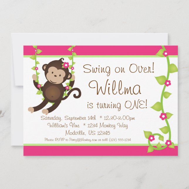 Mod Monkey Pink and Green Birthday Party Invite (Front)