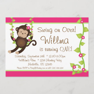 Mod Monkey Pink and Green Birthday Party Invite