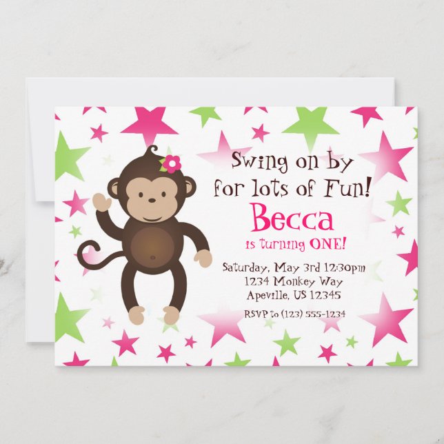 Mod Monkey Pink and Green Star Birthday Party Invitation (Front)