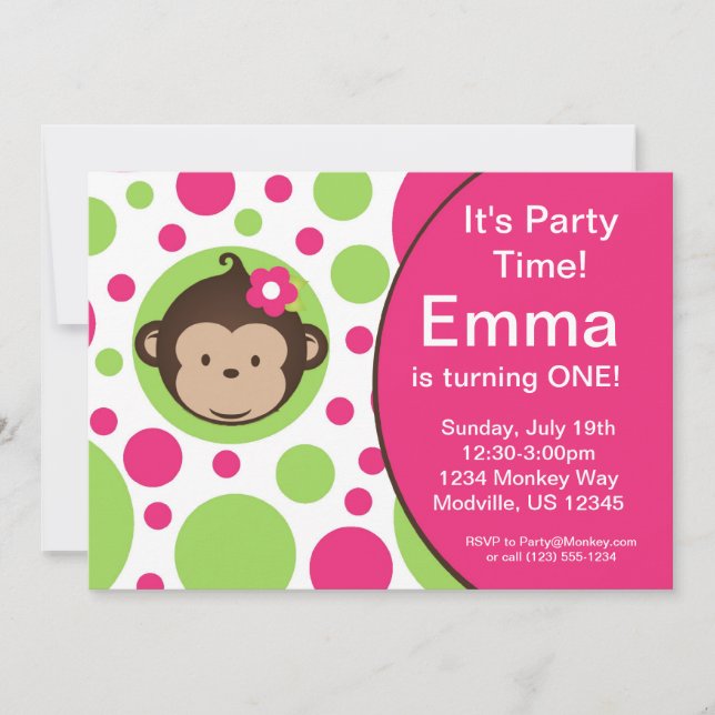 Mod Monkey Pink Polka Dots Birthday Party Invite (Front)