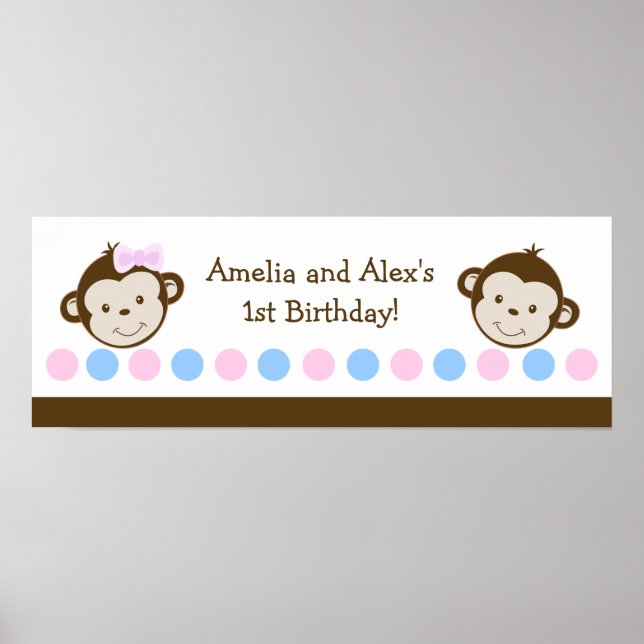 Mod Monkey TWINS Customizable Birthday Banner Poster (Front)