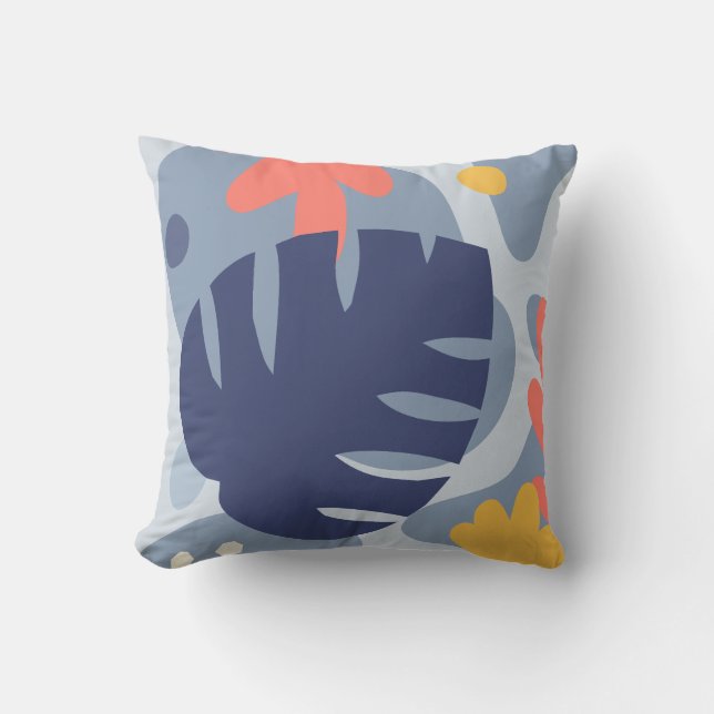 Mod Monstera Abstract Leaf Hawaiian Tropical -Blue Outdoor Pillow (Front)