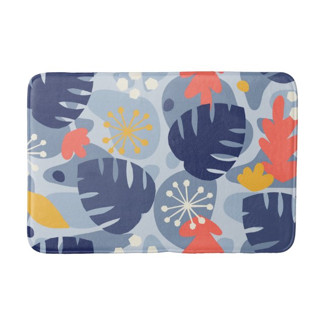Mod Monstera Leaf Abstract Hawaiian Tropical -Blue Bath Mat (Front)