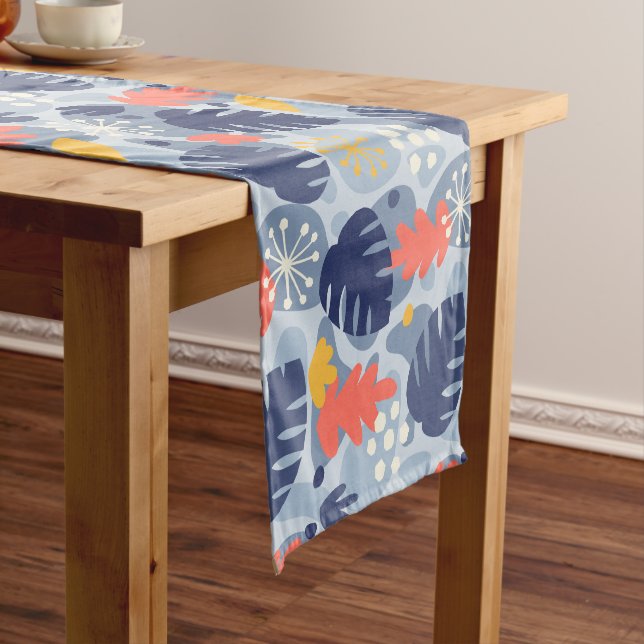 Mod Monstera Leaf Abstract Hawaiian Tropical -Blue Short Table Runner (In Situ)