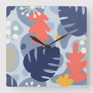 Mod Monstera Leaf Abstract Hawaiian Tropical -Blue Square Wall Clock
