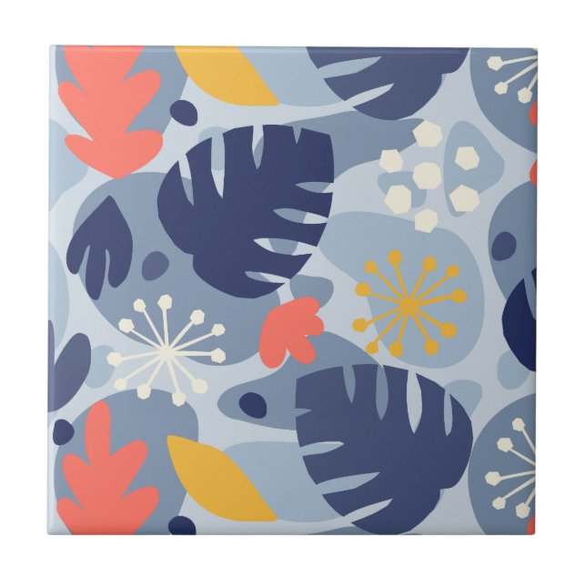 Mod Monstera Leaf Abstract Hawaiian Tropical -Blue Tile (Front)