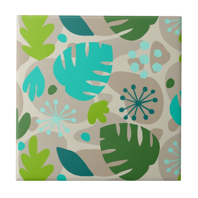 Mod Monstera Leaf Abstract Hawaiian Tropical -Cool Tile (Front)