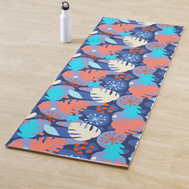 Mod Monstera Leaf Abstract Hawaiian Tropical -Navy Yoga Mat (In Situ)