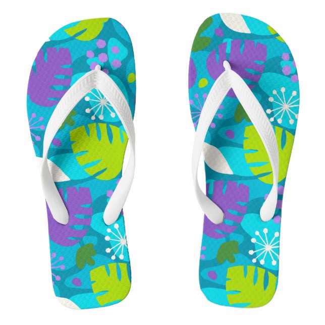 Mod Monstera Leaf Abstract Hawaiian Tropical -Teal Flip Flops (Footbed)