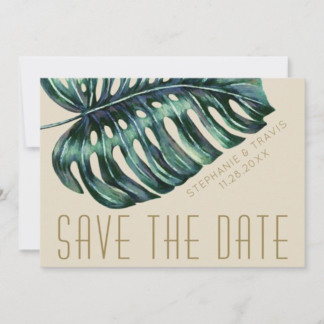 Mod Monstera Leaf Green and Tan Wedding Save The Date (Front)